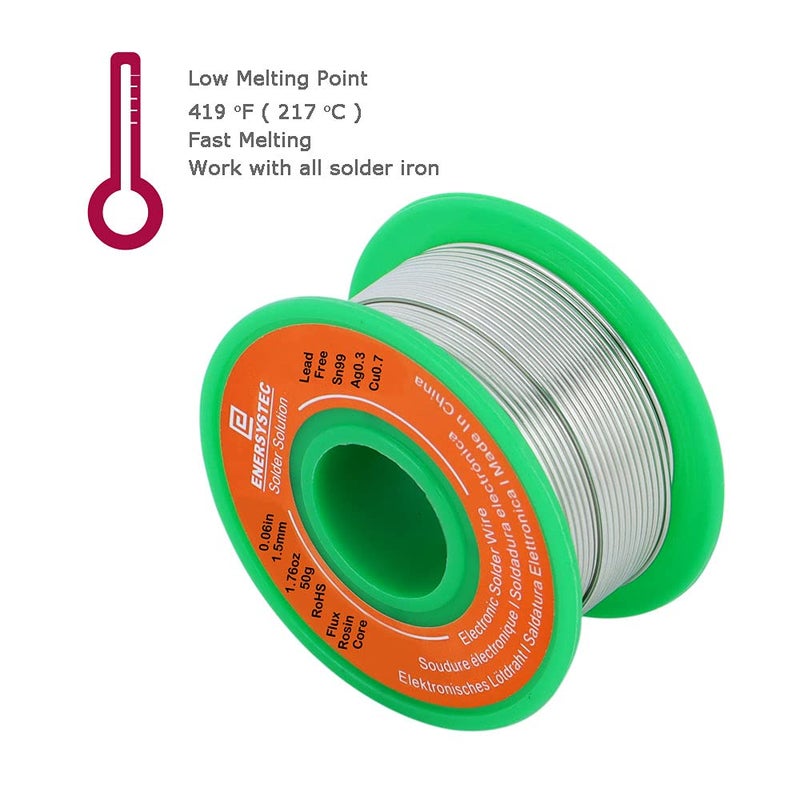 E ENERSYSTEC 1.5mm Electronic Solder Wire Lead Free Rosin Flux Core Diameter 0.06in Large Size Solder Wire Gauge 1.76oz 50g Sn99 Ag0.3 Cu0.7 Flow Electric Soldering Unleaded PB Free - Image 5